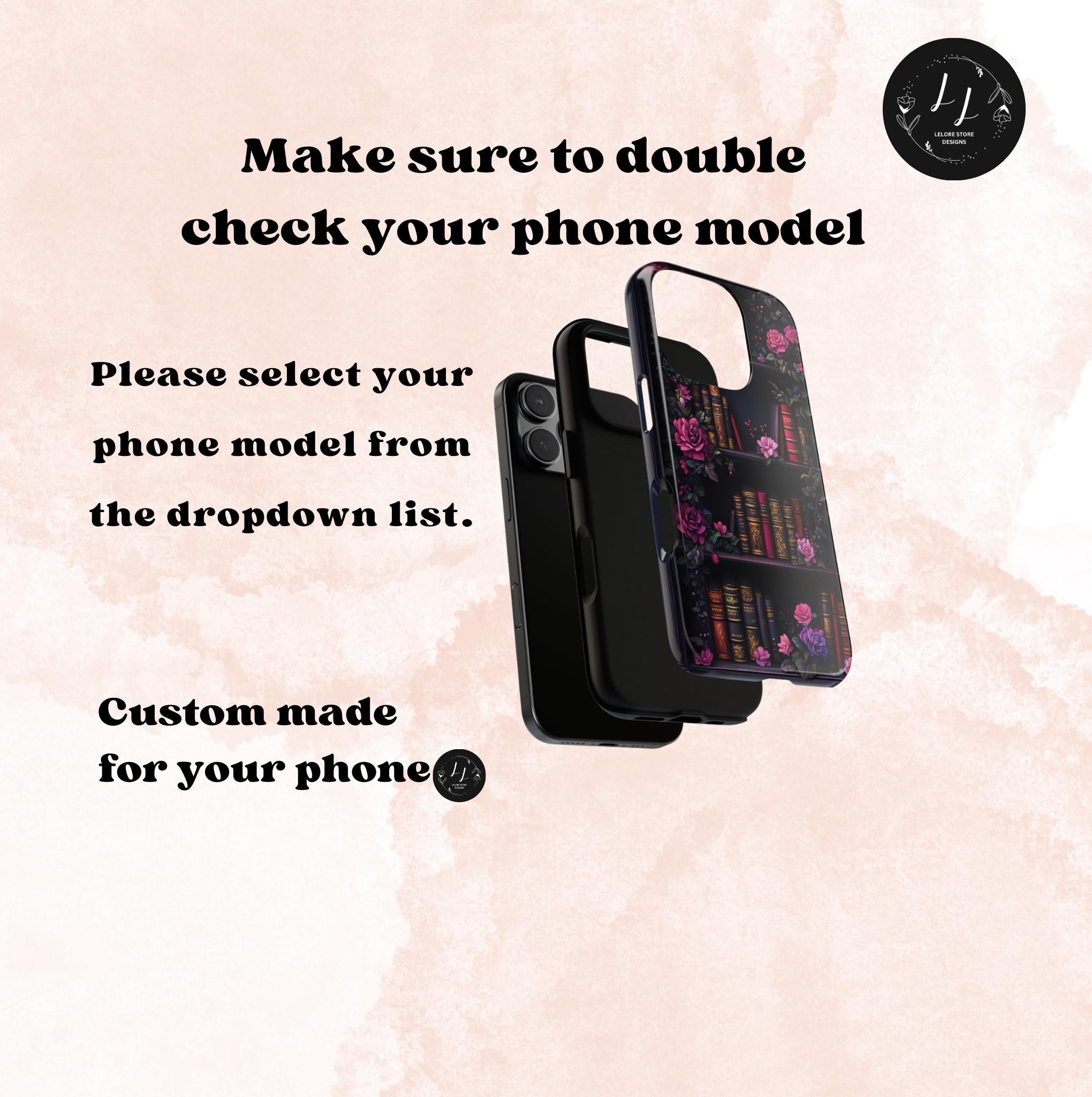 Floral Bookshelf Phone Case, Dark Academia Bookish Design