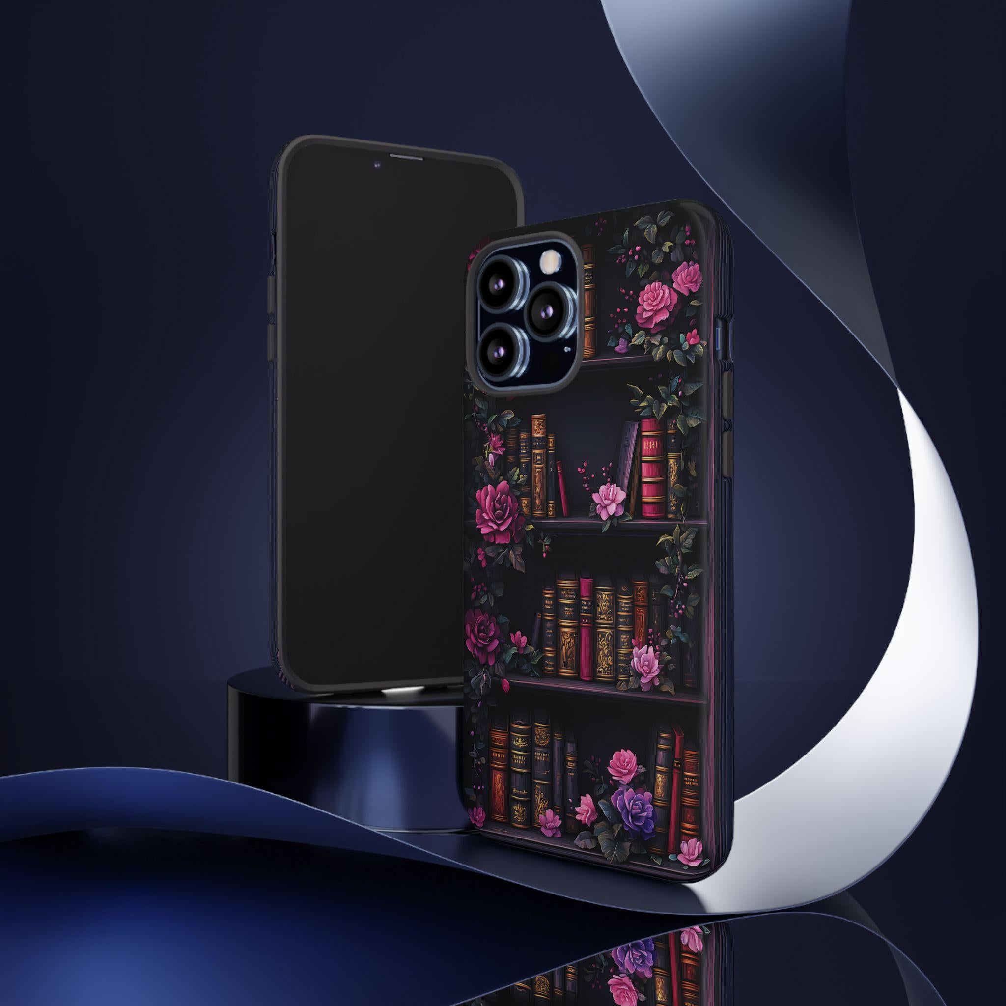 Floral Bookshelf Phone Case, Dark Academia Bookish Design