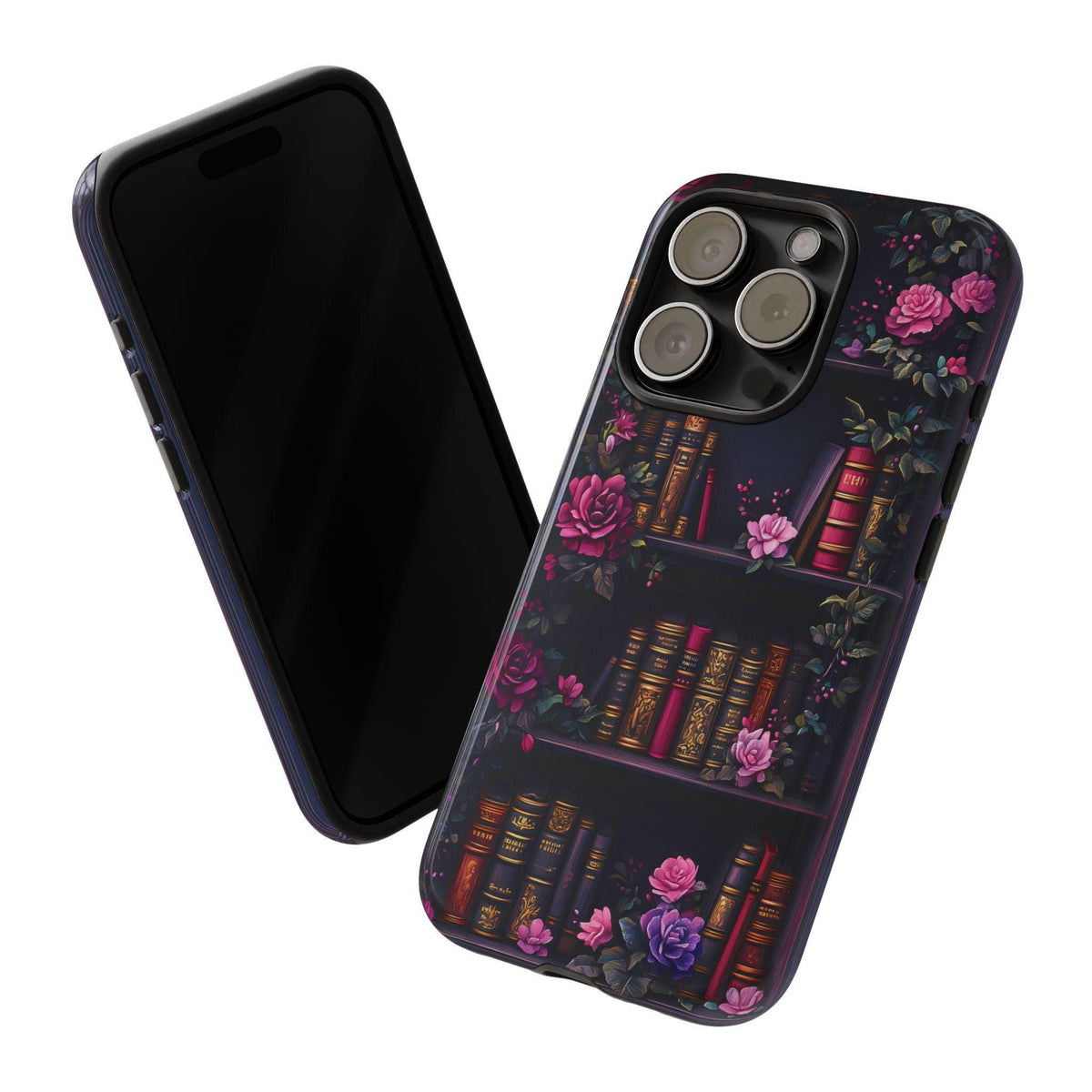 Floral Bookshelf Phone Case, Dark Academia Bookish Design
