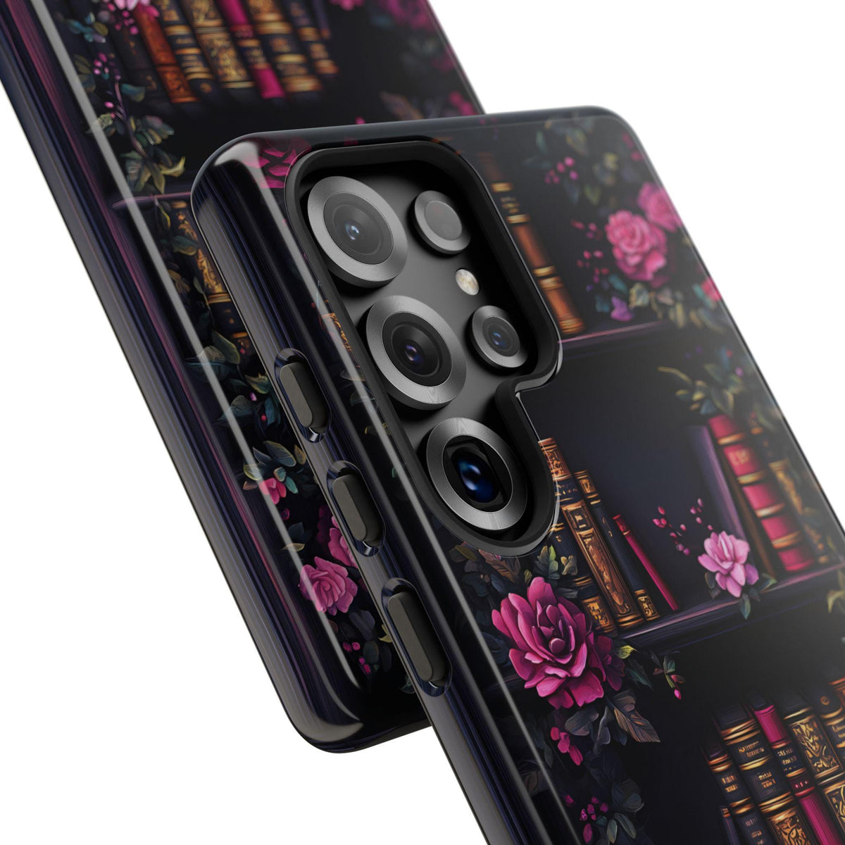 Floral Bookshelf Phone Case, Dark Academia Bookish Design
