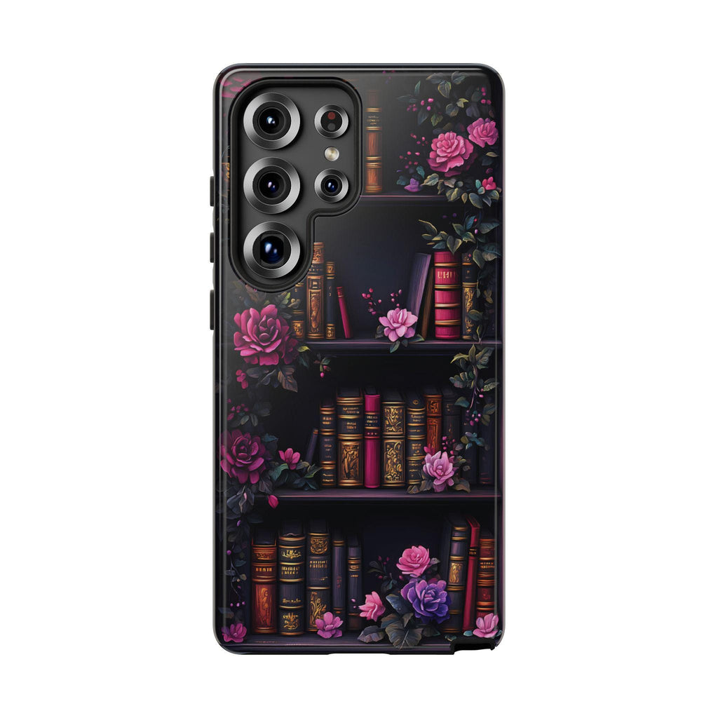 Floral Bookshelf Phone Case, Dark Academia Bookish Design