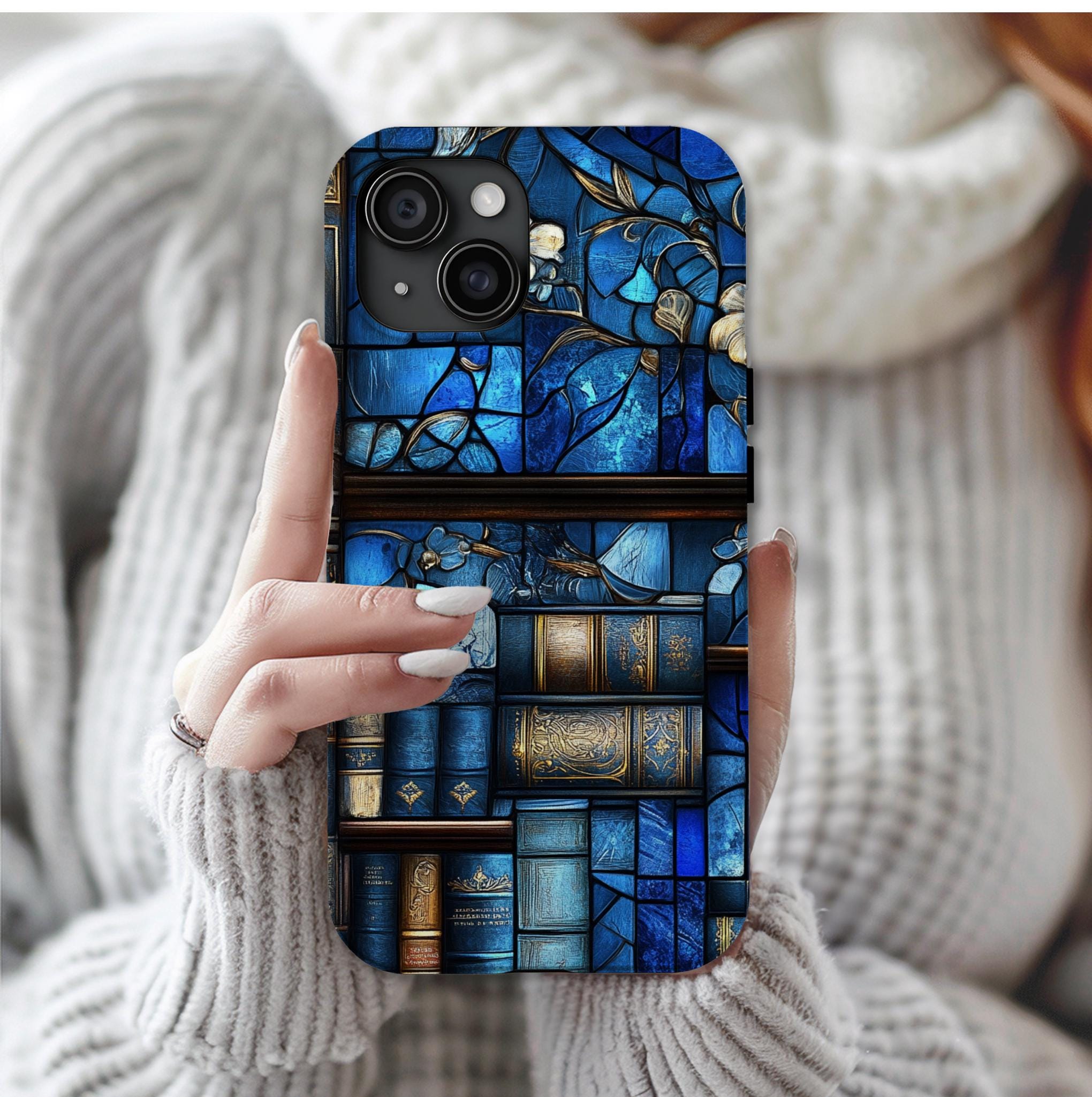 Faux Stained Glass Bookshelf Phone Case: Blue Reading Theme Bookish Book Lovers,