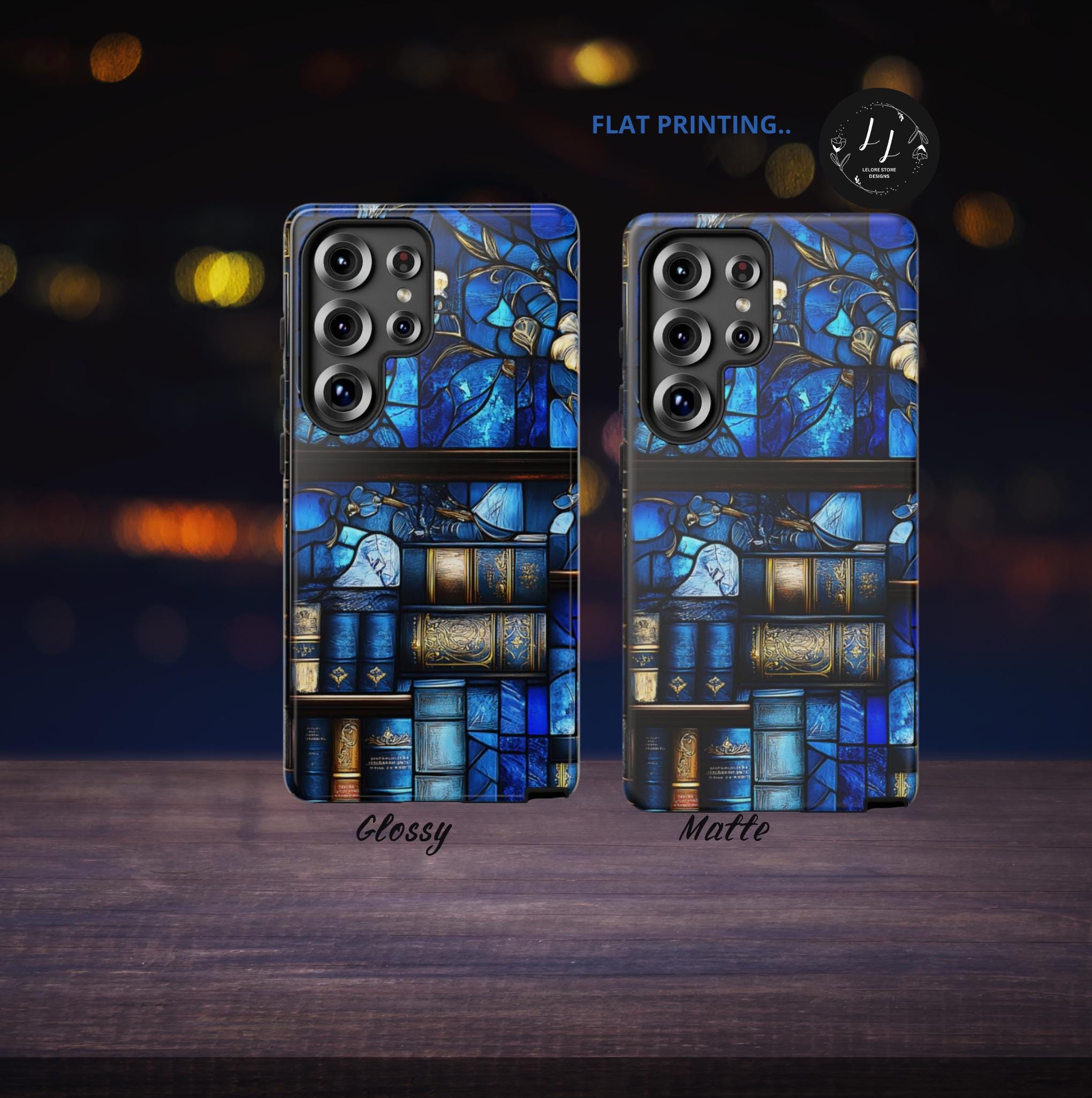 Faux Stained Glass Bookshelf Phone Case: Blue Reading Theme Bookish Book Lovers,