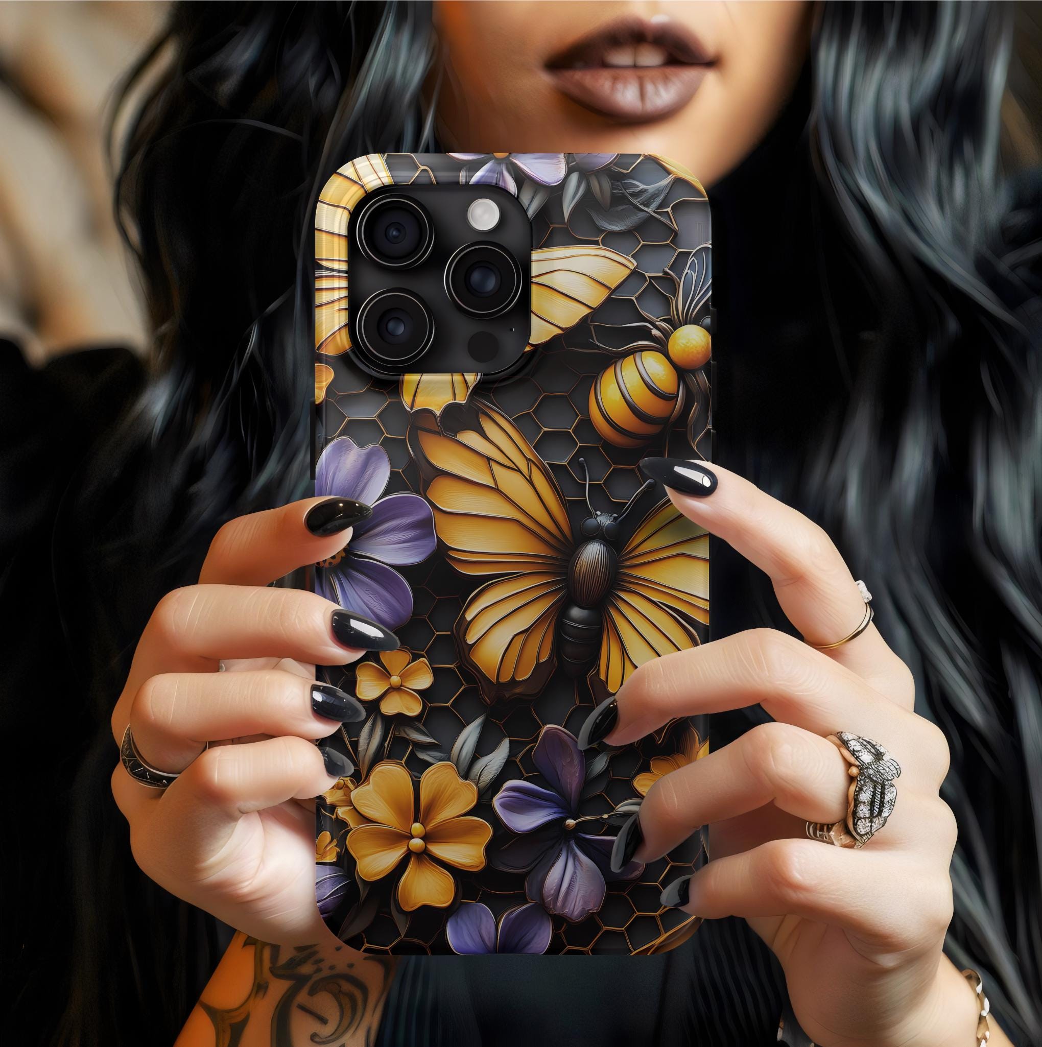 Honeybee Butterfly Floral Phone Case: Nature Mosaic Design