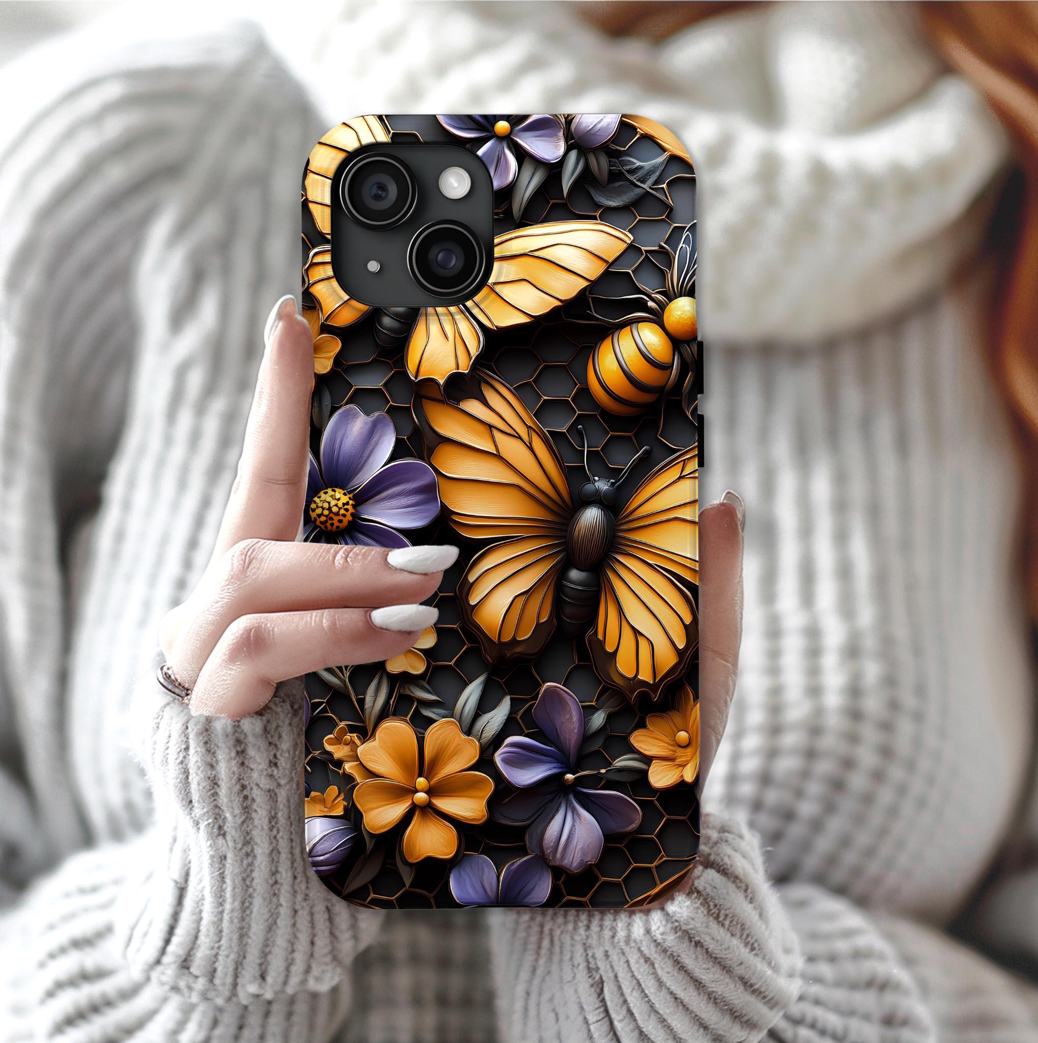 Honeybee Butterfly Floral Phone Case: Nature Mosaic Design