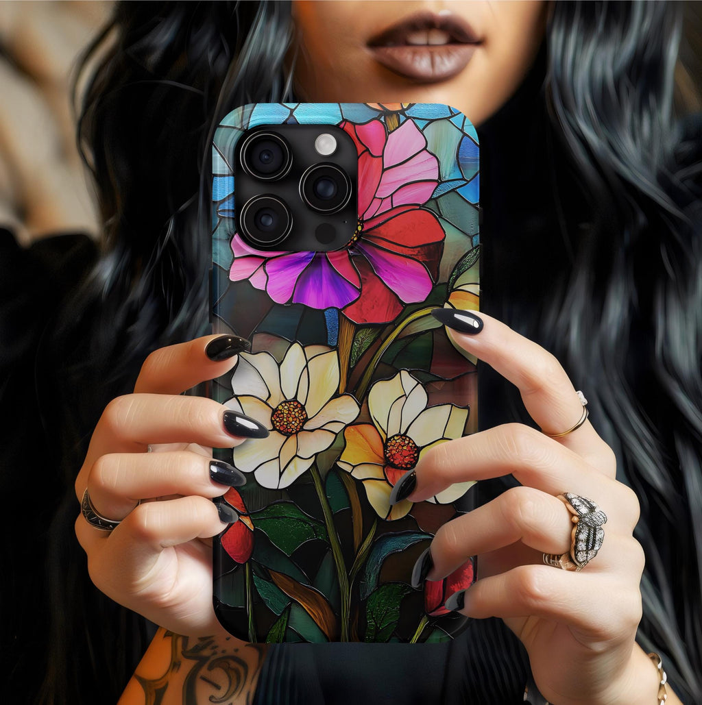 Floral Faux Stained Glass Tough Phone Case: Botanical Design