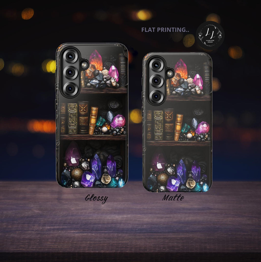 Celestial Bookshelf Phone Case: Mystical Gemstone Library Design