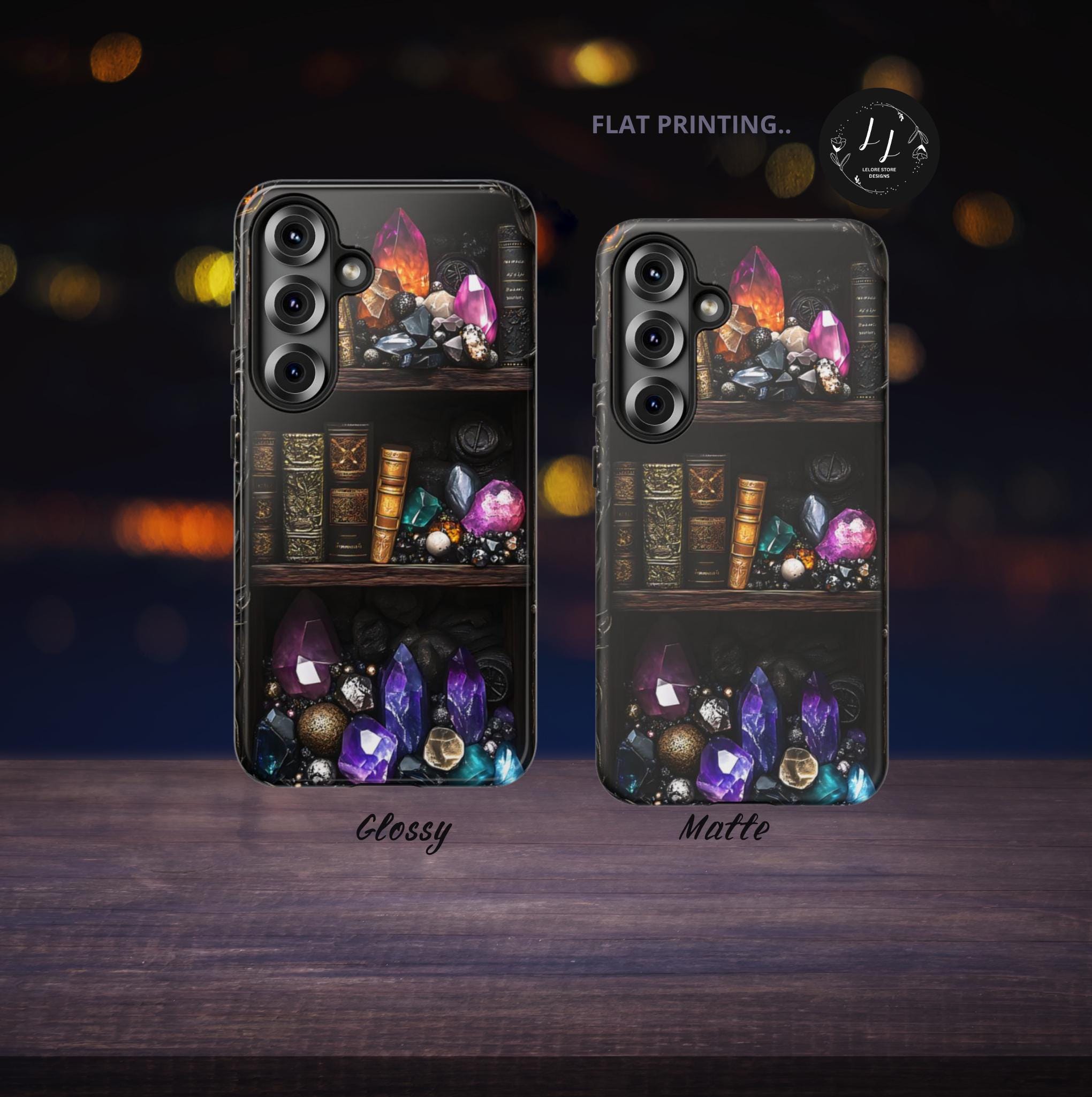 Celestial Bookshelf Phone Case: Mystical Gemstone Library Design