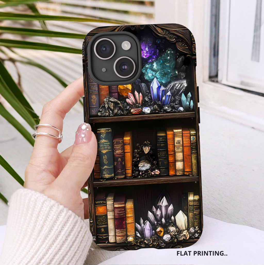 Celestial Bookshelf Phone Case, Mystical Library, Crystal Gems iPhone Galaxy Pixel Covers Book Lover