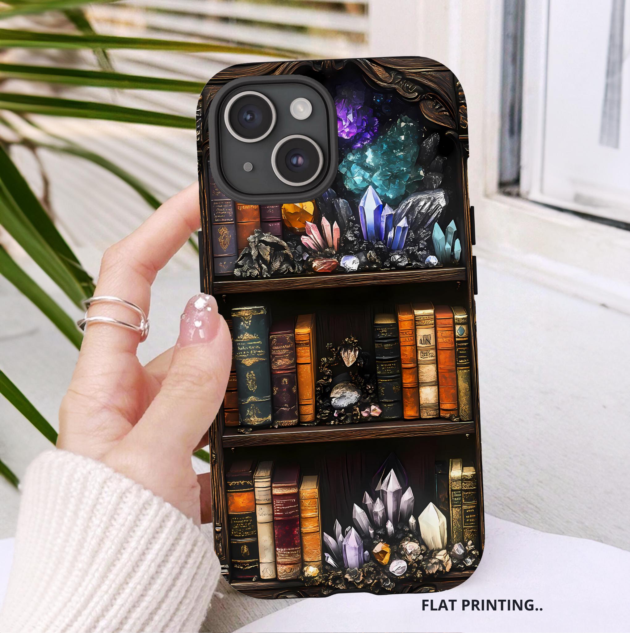 Celestial Bookshelf Phone Case, Mystical Library, Crystal Gems iPhone Galaxy Pixel Covers Book Lover