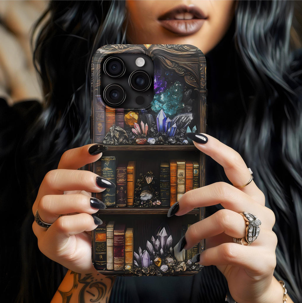 Celestial Bookshelf Phone Case, Mystical Library, Crystal Gems iPhone Galaxy Pixel Covers Book Lover