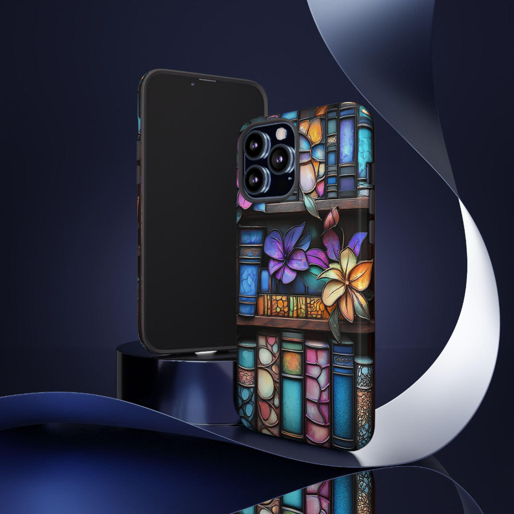 Floral Stained Glass Bookshelf Phone Case: Book Lover Gift
