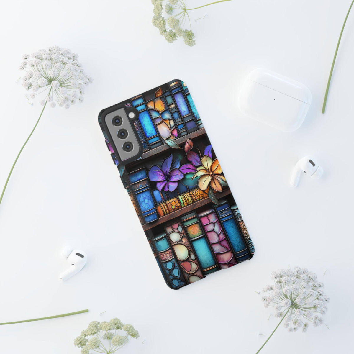 Floral Stained Glass Bookshelf Phone Case: Book Lover Gift
