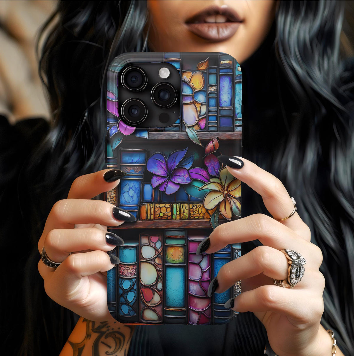 Floral Stained Glass Bookshelf Phone Case: Book Lover Gift