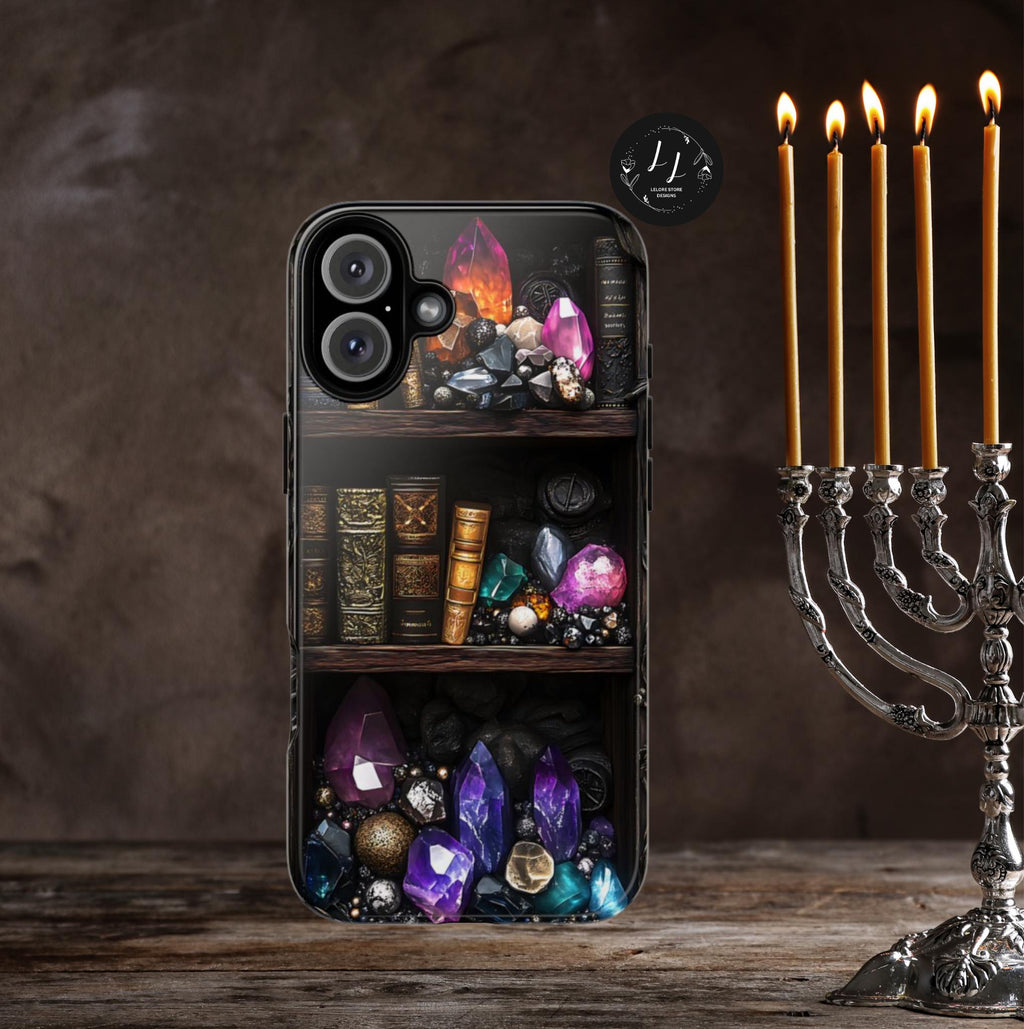 Celestial Bookshelf Phone Case: Mystical Gemstone Library Design