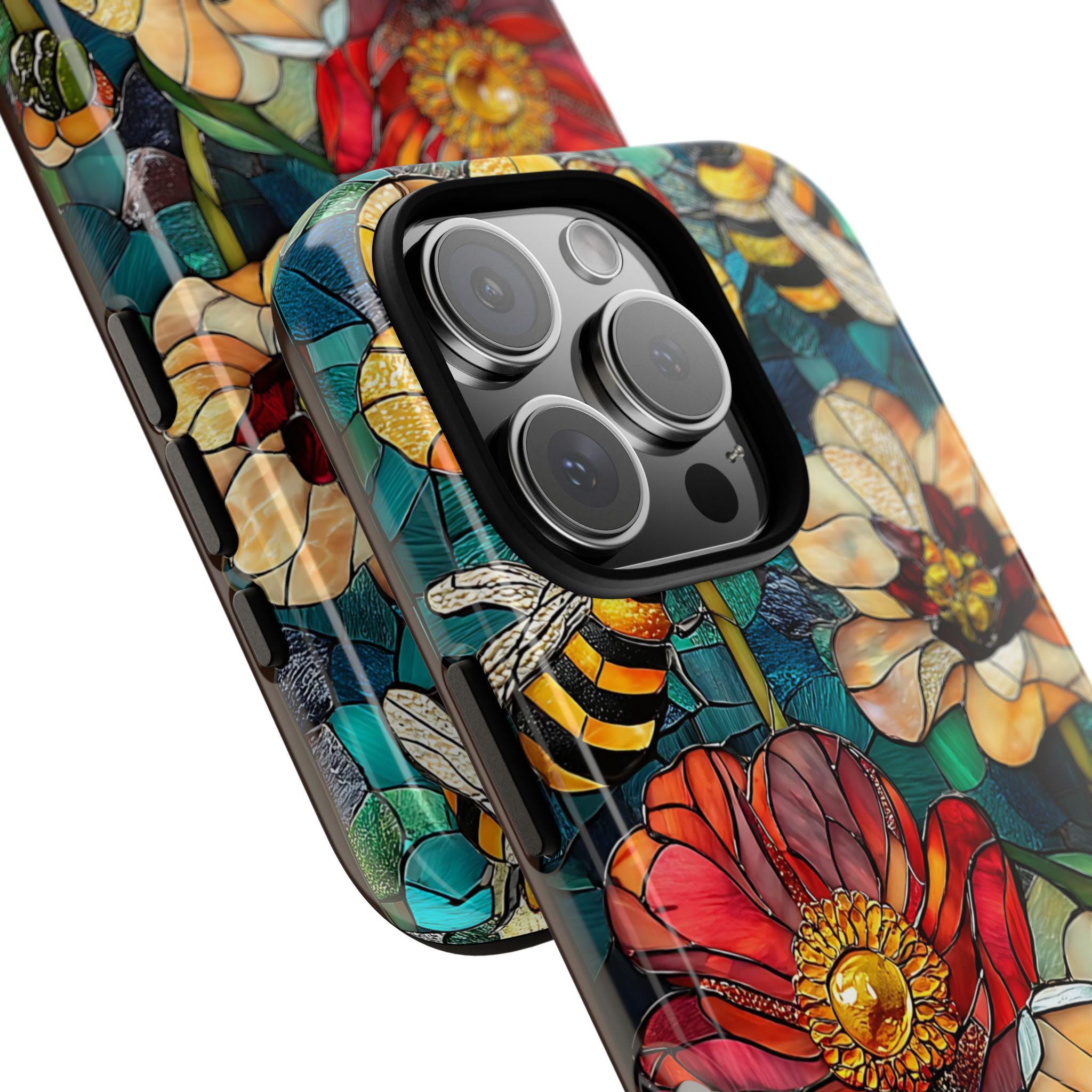 Faux Stained Glass Bee & Wildflower Phone Case: Boho Floral Design