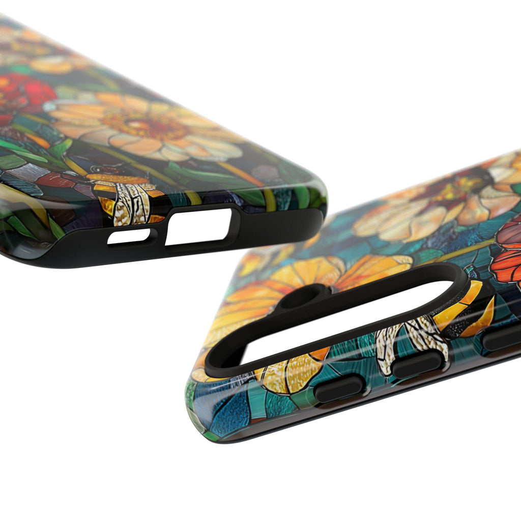 Faux Stained Glass Bee & Wildflower Phone Case: Boho Floral Design