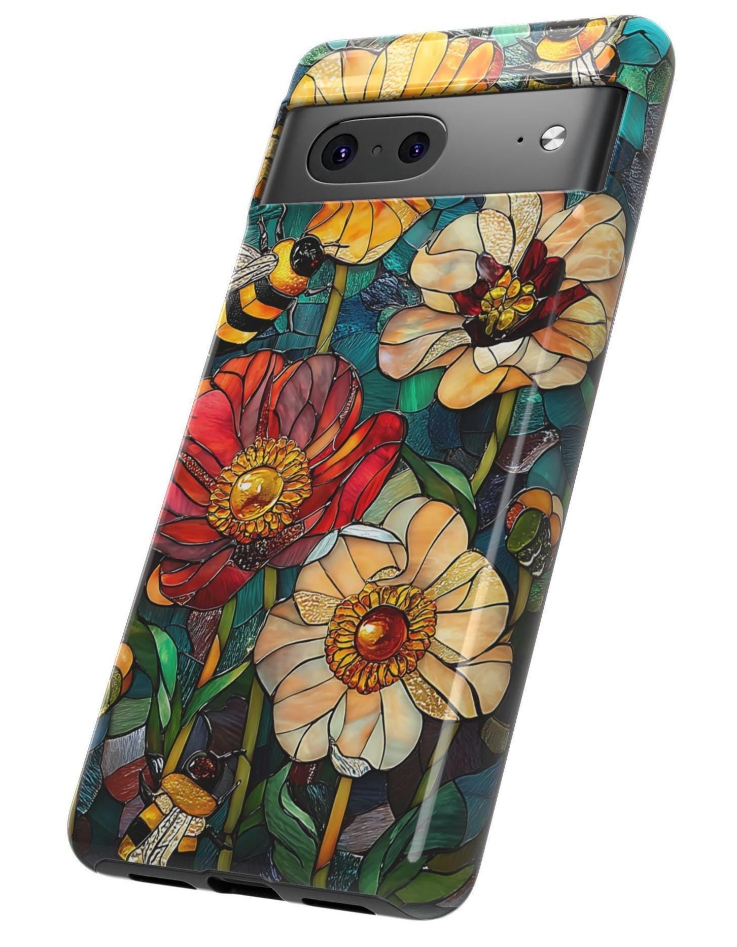 Faux Stained Glass Bee & Wildflower Phone Case: Boho Floral Design