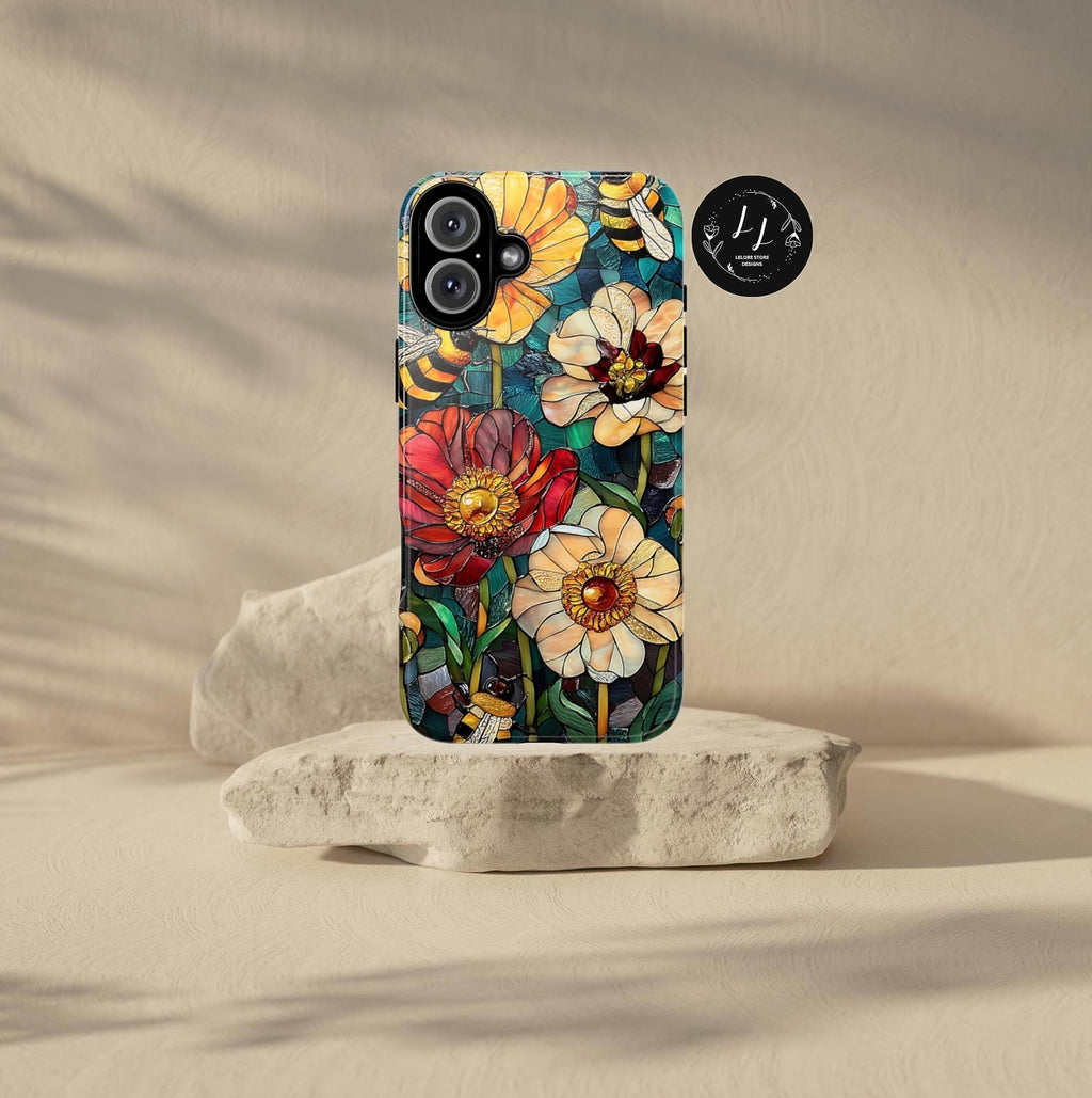 Faux Stained Glass Bee & Wildflower Phone Case: Boho Floral Design