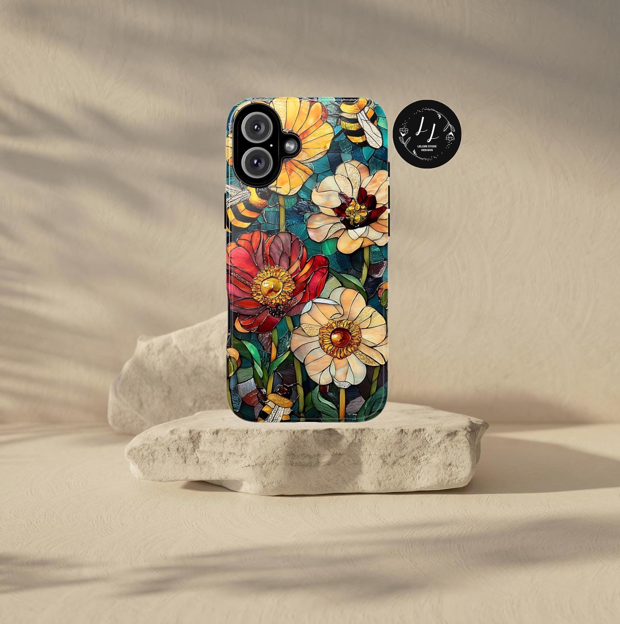 Faux Stained Glass Bee & Wildflower Phone Case: Boho Floral Design