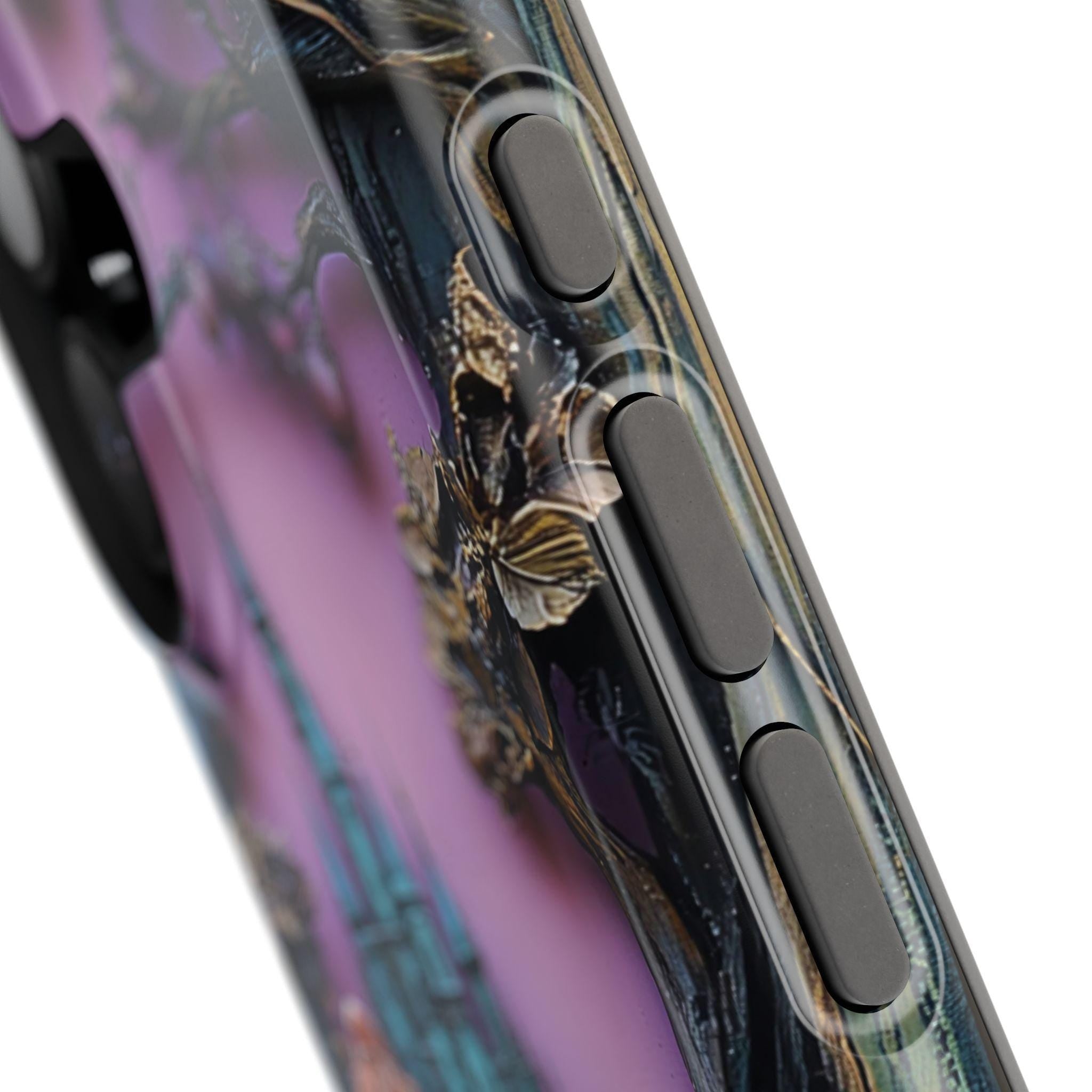 Gothic Bookshelf iPhone Case: Whimsical Library, Skulls & Florals, MagSafe Compatible, Book lovers' gift