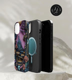 Gothic Bookshelf iPhone Case: Whimsical Library, Skulls & Florals, MagSafe Compatible, Book lovers' gift