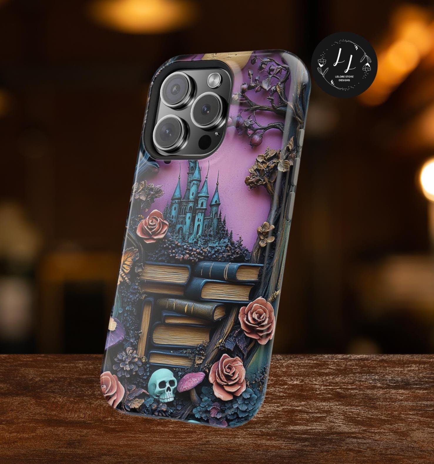 Gothic Bookshelf iPhone Case: Whimsical Library, Skulls & Florals, MagSafe Compatible, Book lovers' gift