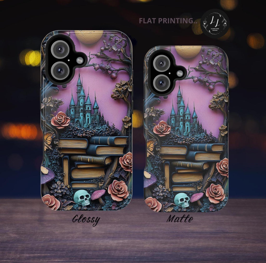 Gothic Bookshelf iPhone Case: Whimsical Library, Skulls & Florals, MagSafe Compatible, Book lovers' gift