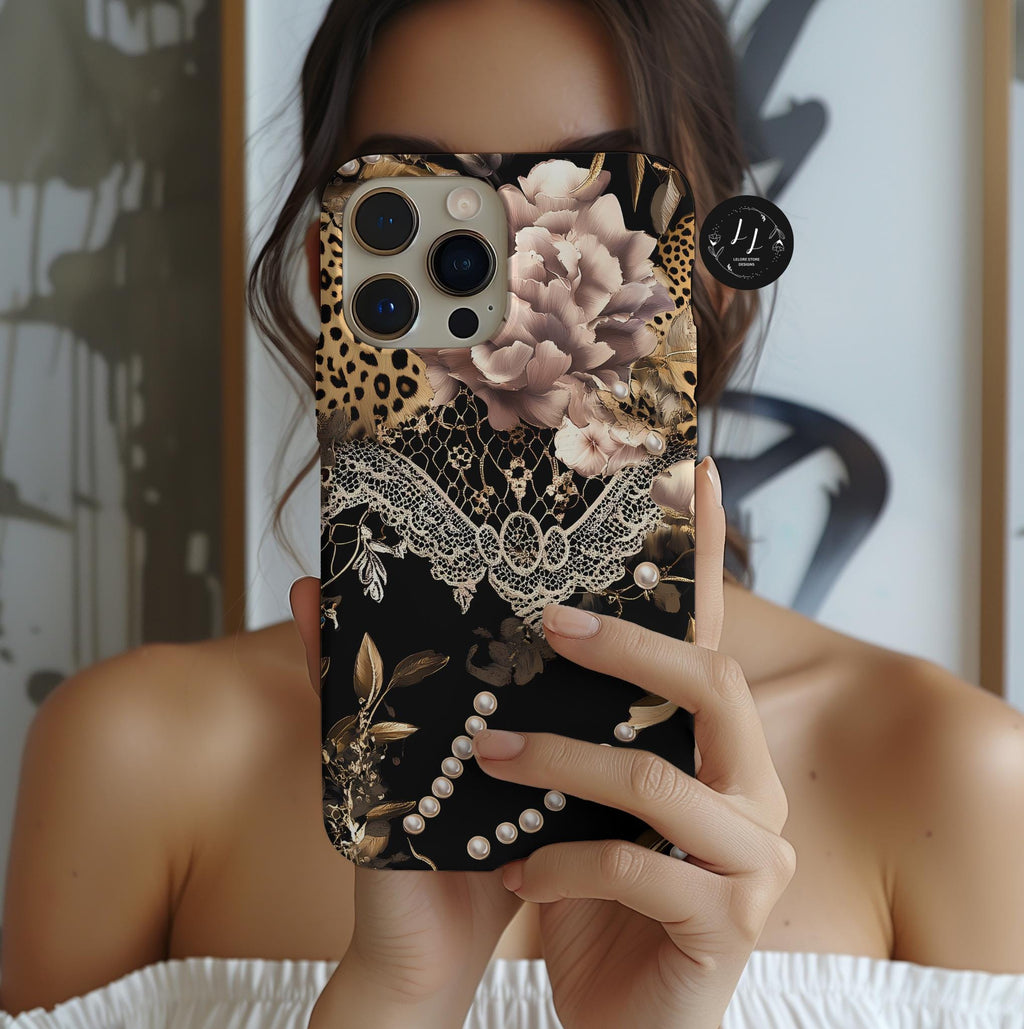 Leopard Print Phone Case: Chic Floral Lace Cover Design, iPhone, Galaxy, Pixel