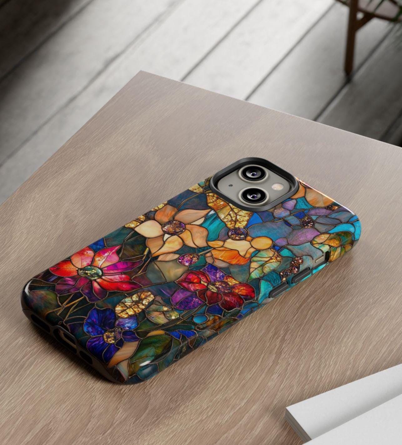 Faux Stained Glass Wildflower Phone Case: Boho Mosaic Floral Design