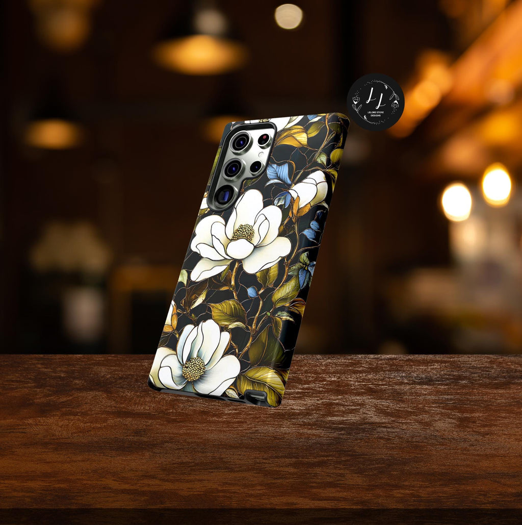 Magnolia Faux Stained Glass Phone Case: Green Floral Botanical Design