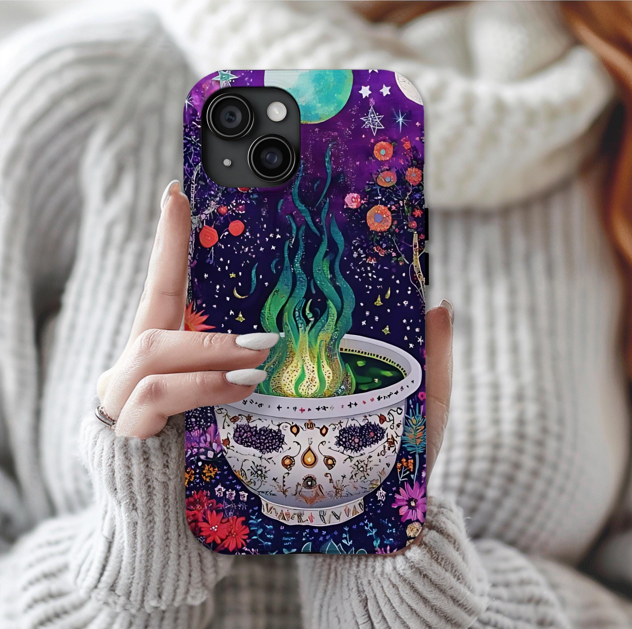 Celestial Cauldron Phone Case: Spooky Floral Witch Design Celestial Halloween cover