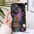 Gothic Bookshelf Phone Case: Witchy Skull & Floral Design