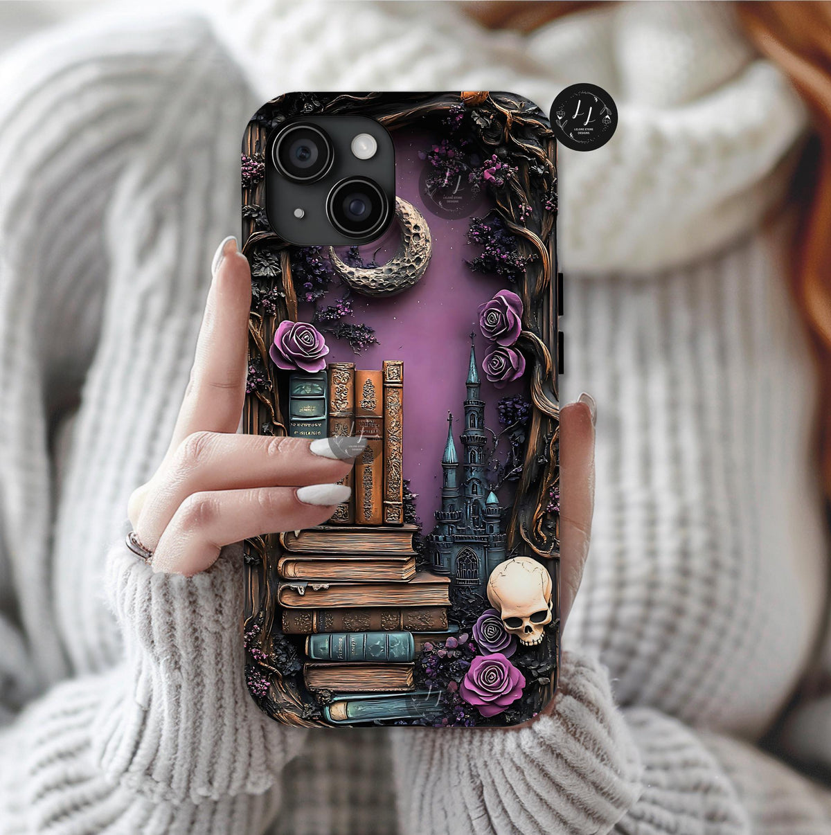 Gothic Bookshelf Phone Case: Witchy Skull & Floral Design