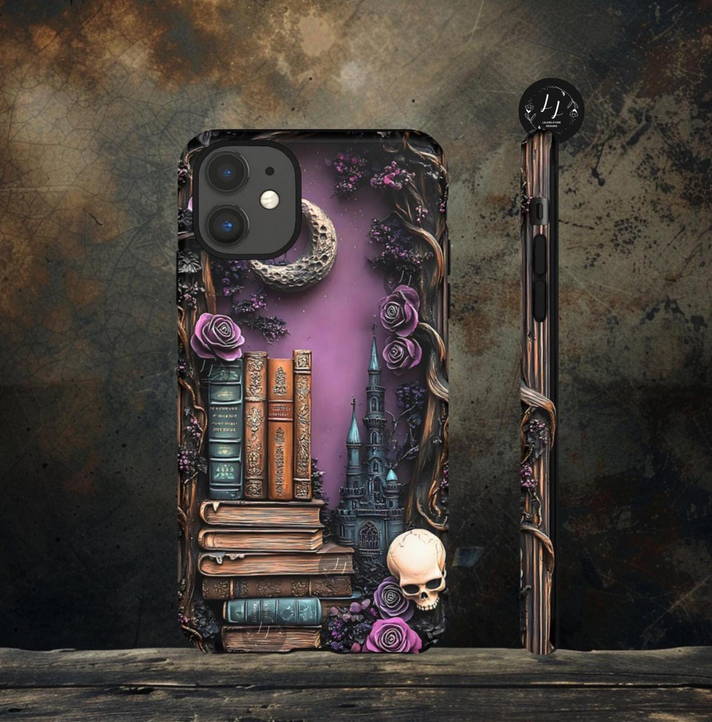 Gothic Bookshelf Phone Case: Witchy Skull & Floral Design