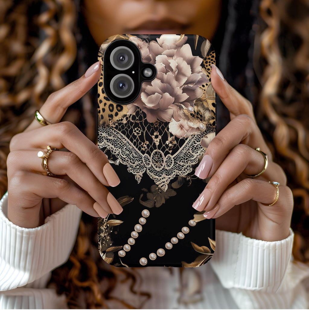 Leopard Print Phone Case: Chic Floral Lace Cover Design, iPhone, Galaxy, Pixel