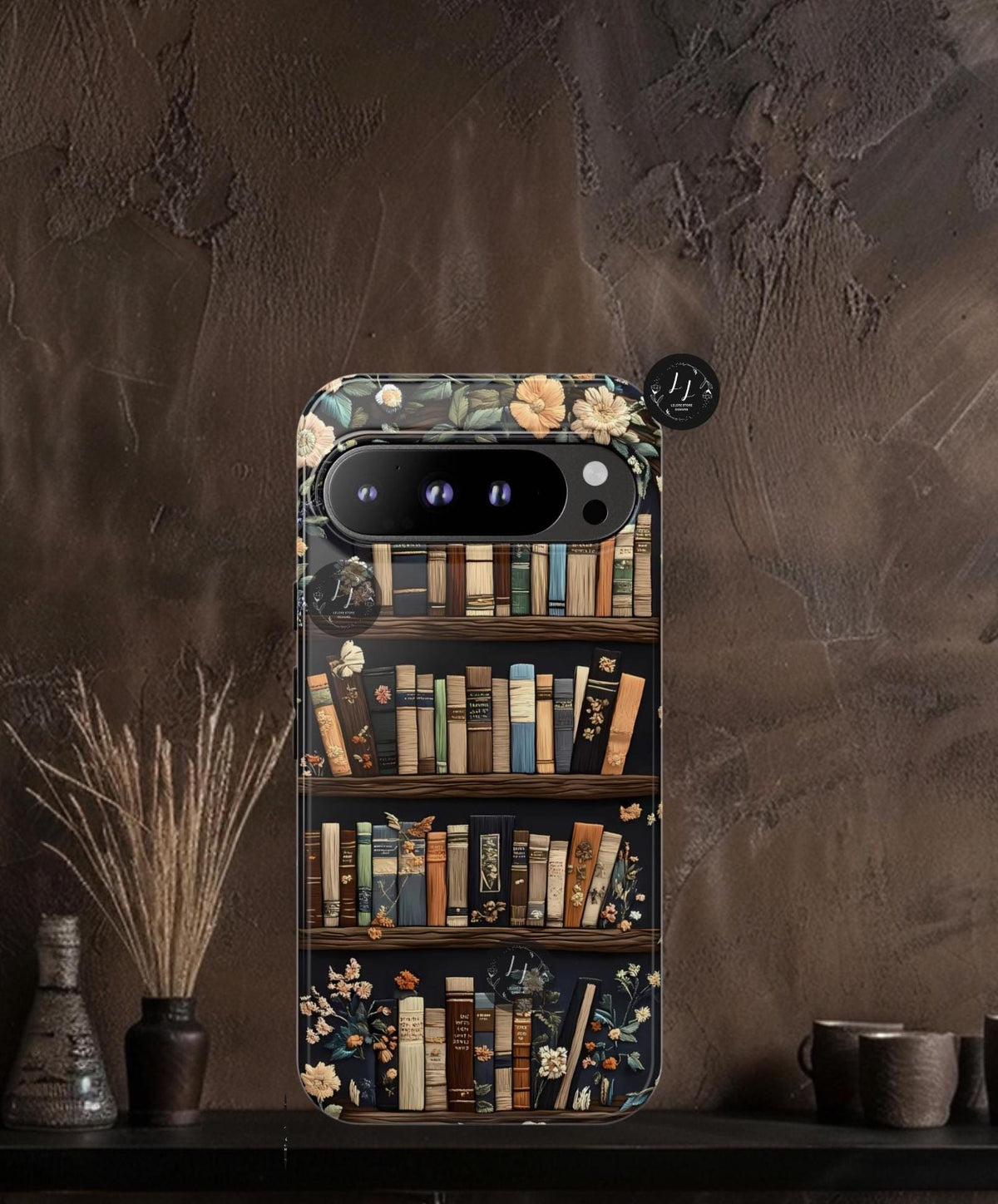 Vintage Floral Bookshelf Phone Case, Faux Embroidery Aesthetic for Bookworms,  iPhone 16 15 14 13, Galaxy S25 S24, Pixel 9 Pro XL Case