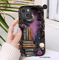 Witchy Bookshelf Phone Case: Gothic Floral Skull iPhone, Galaxy, Pixel
