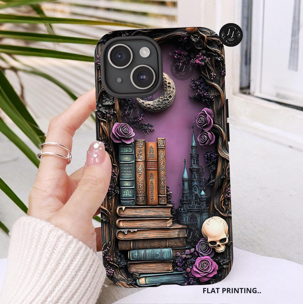 Witchy Bookshelf Phone Case: Gothic Floral Skull iPhone, Galaxy, Pixel