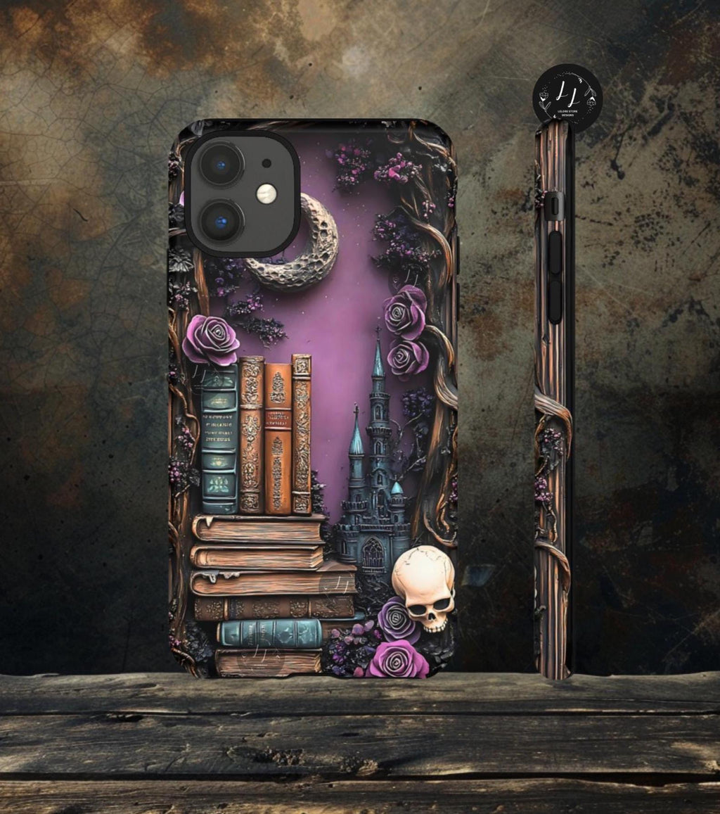 Witchy Bookshelf Phone Case: Gothic Floral Skull iPhone, Galaxy, Pixel