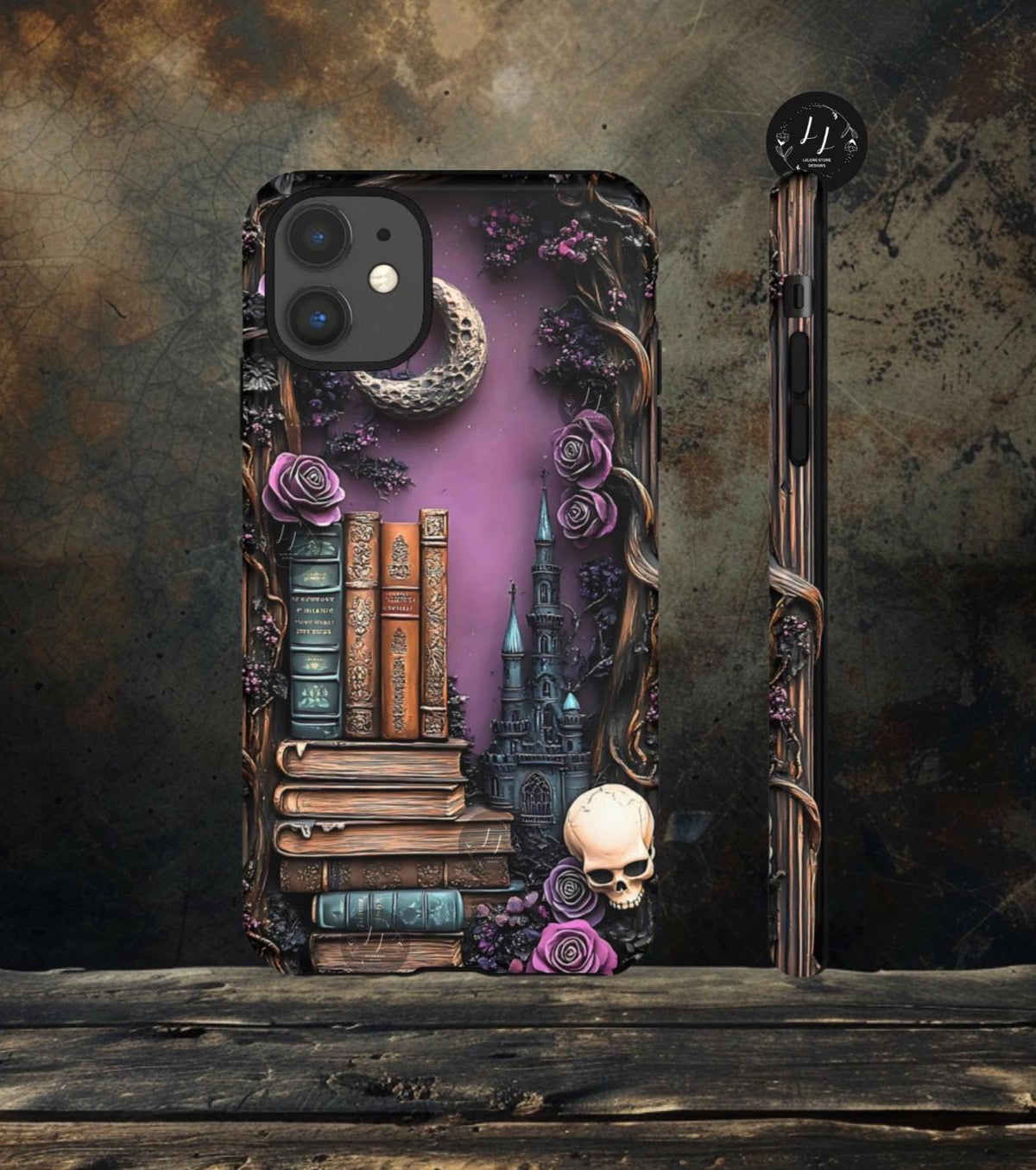 Witchy Bookshelf Phone Case: Gothic Floral Skull iPhone, Galaxy, Pixel