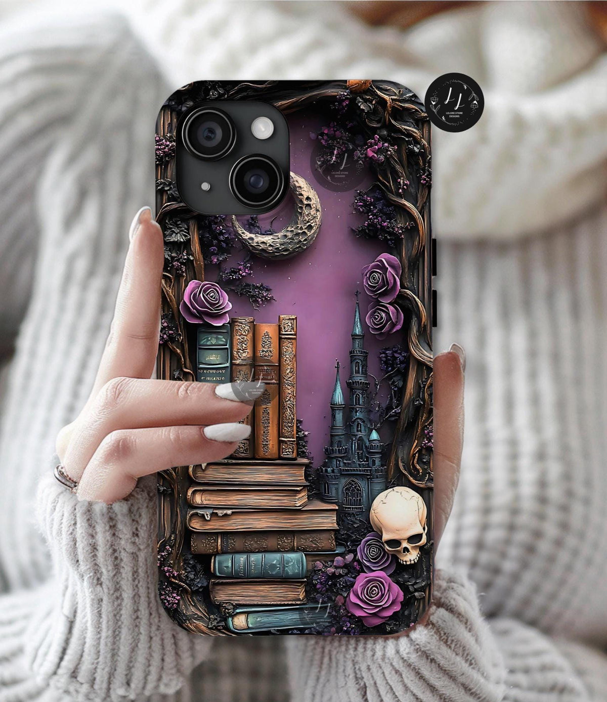 Witchy Bookshelf Phone Case: Gothic Floral Skull iPhone, Galaxy, Pixel