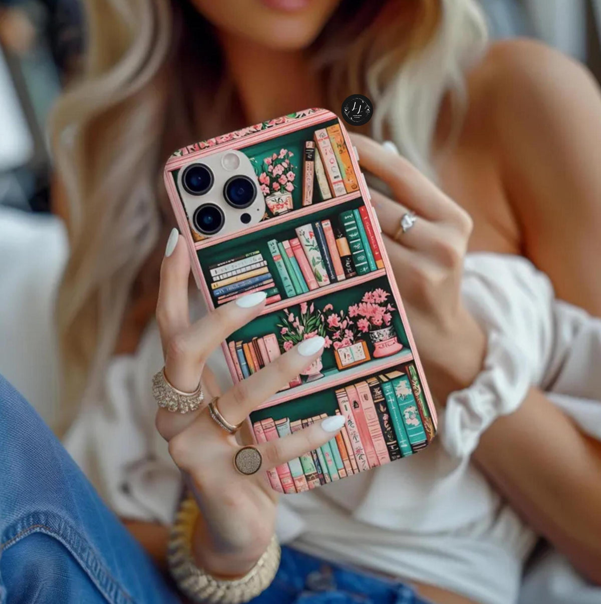 Pink Floral Bookshelf Phone Case: Vintage Book Lover Gift