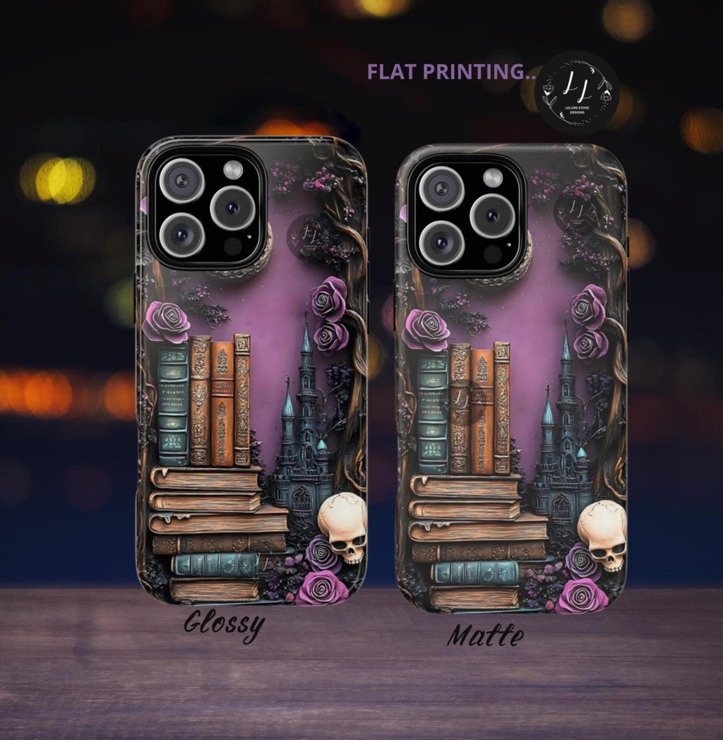 Gothic Bookshelf Phone Case: Witchy Skull & Floral Design