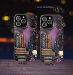 Gothic Bookshelf Phone Case: Witchy Skull & Floral Design