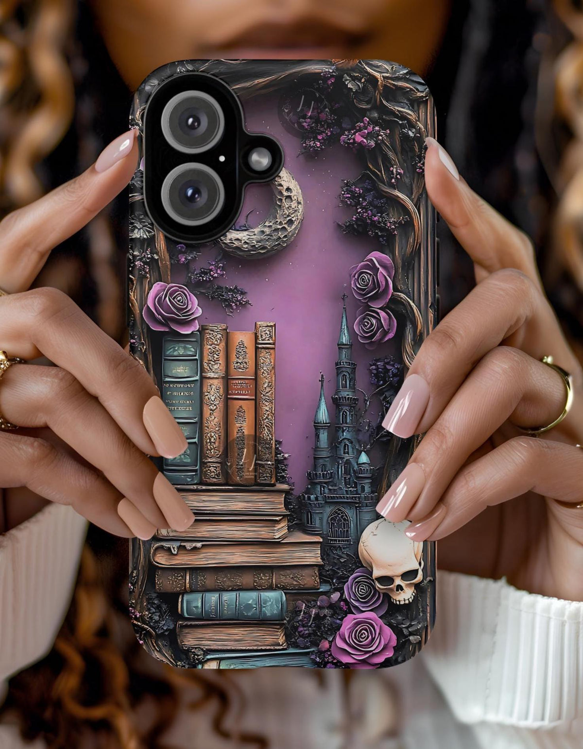 Gothic Bookshelf Phone Case: Witchy Skull & Floral Design