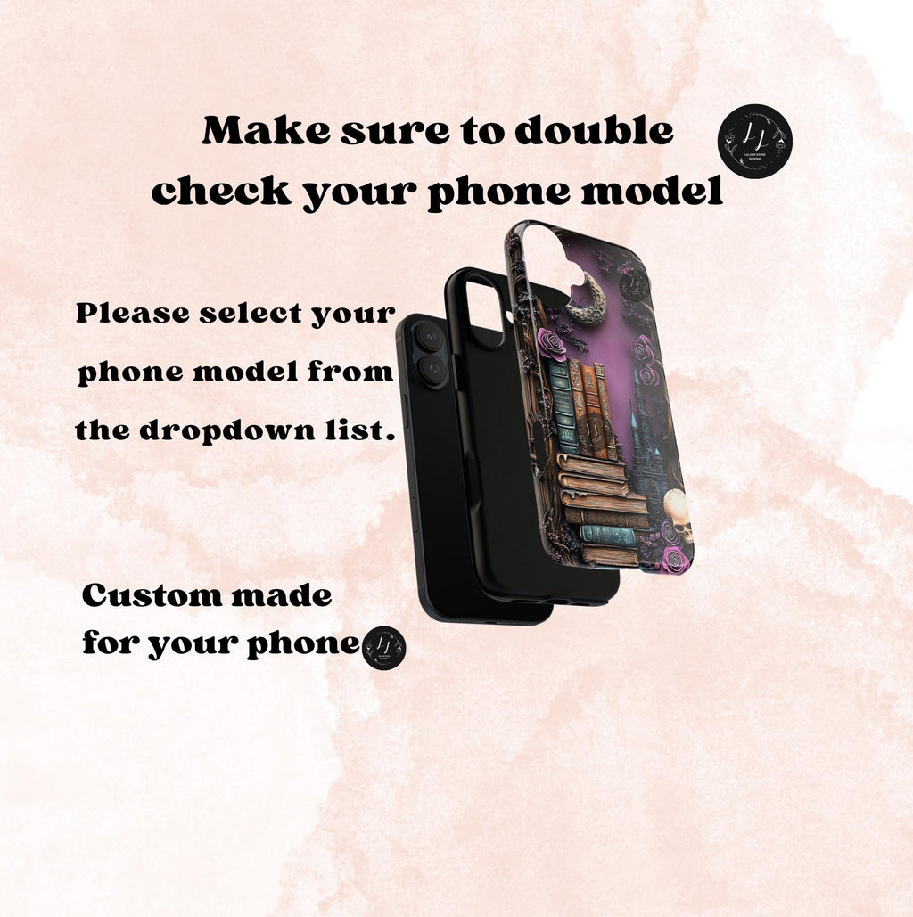 Witchy Bookshelf Phone Case: Gothic Floral Skull iPhone, Galaxy, Pixel