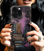 Witchy Bookshelf Phone Case: Gothic Floral Skull iPhone, Galaxy, Pixel