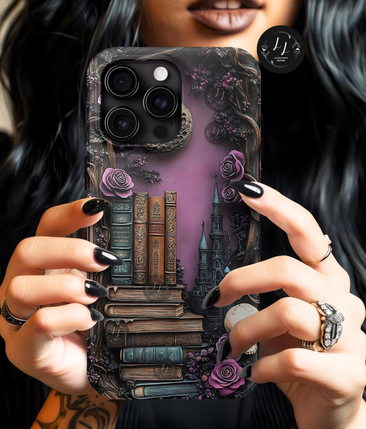 Witchy Bookshelf Phone Case: Gothic Floral Skull iPhone, Galaxy, Pixel