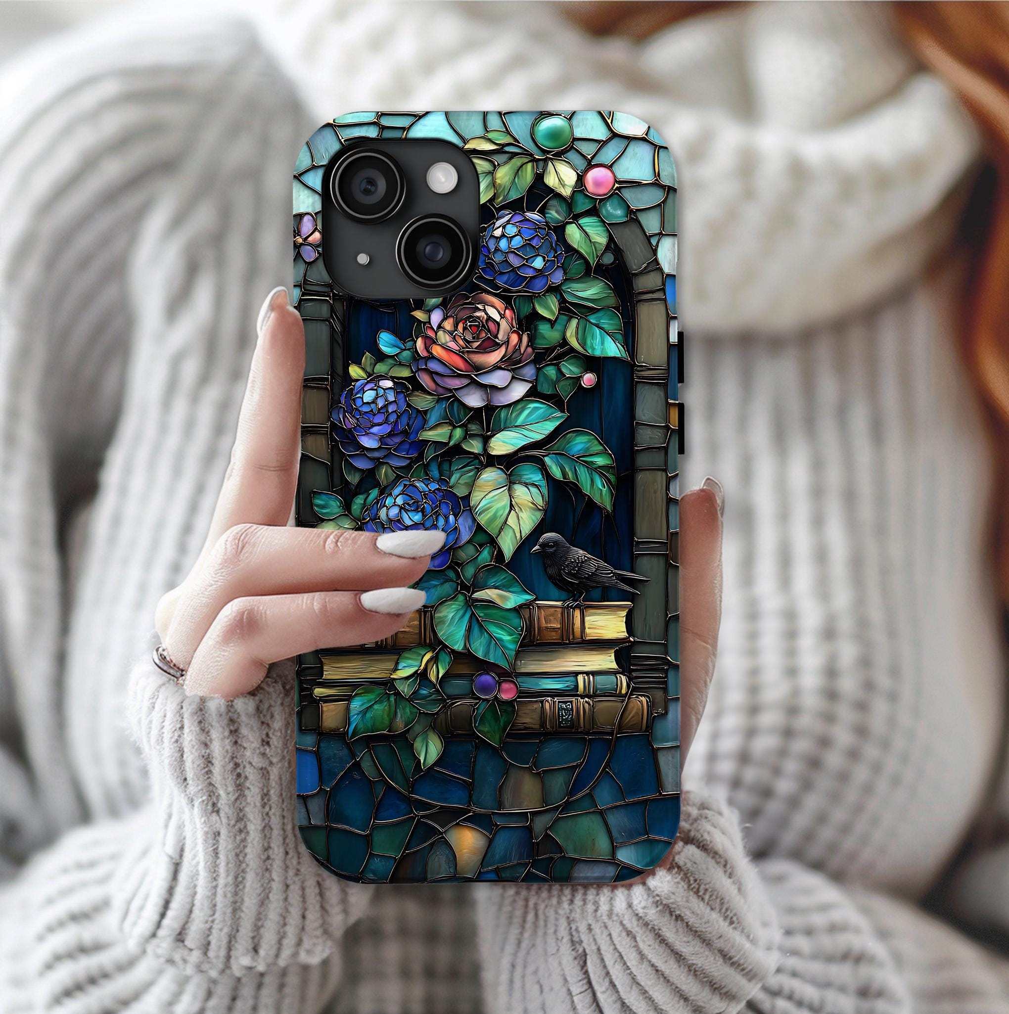 Floral Bookshelf iPhone 16 Case: Faux Stained Glass Cottagecore Cover,  Reading Gift Literary, iPhone